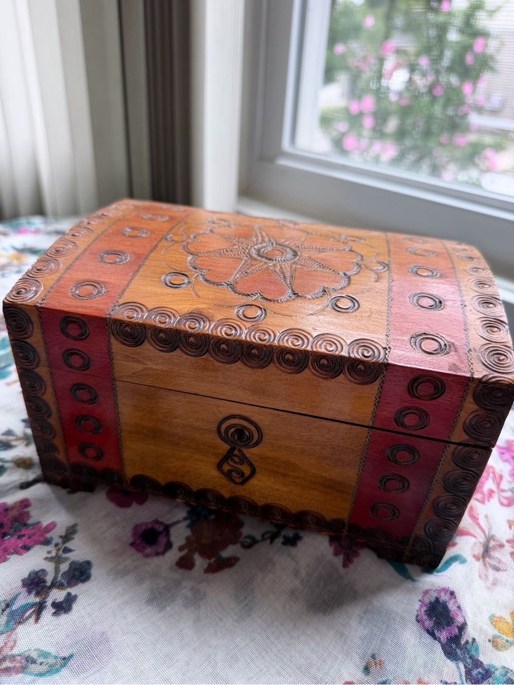 Vintage Hand Carved Wooden Keepsake Box w/ Original Key Folk Art Trinket Chest